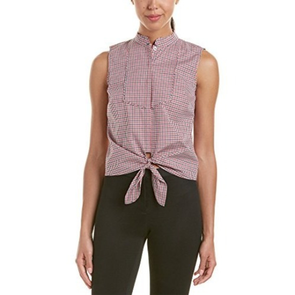 Brooks Brothers Red Gingham‎ Sleeveless Tie Front Bib Shirt Mandarin Collar Sz 2